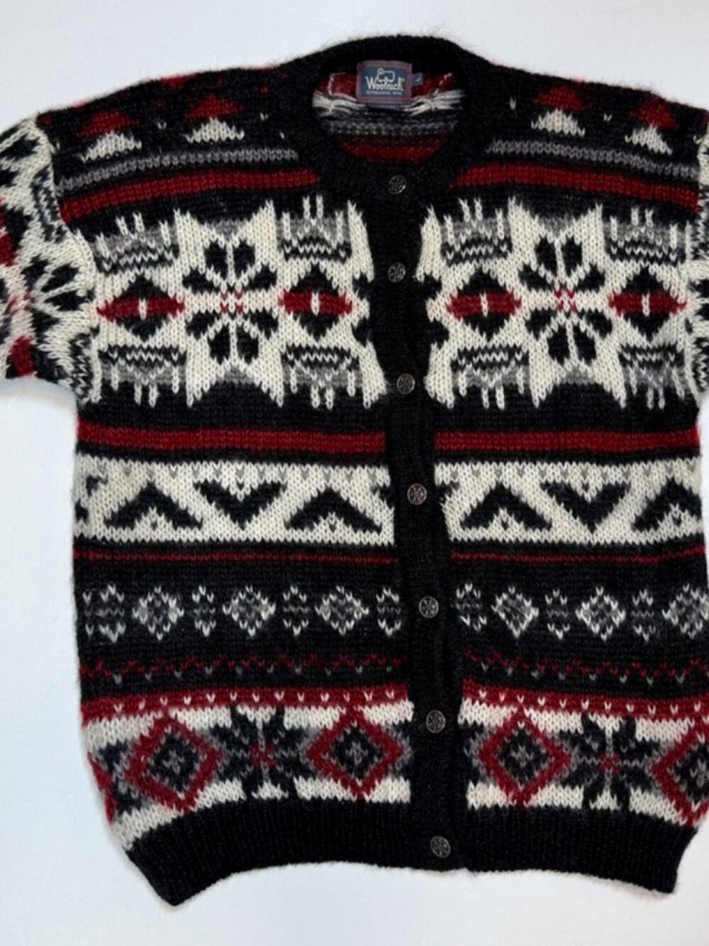 Vintage Woolrich Handcrafted Wool Cardigan L Fair Isle Nordic Black Red Ivory Ho